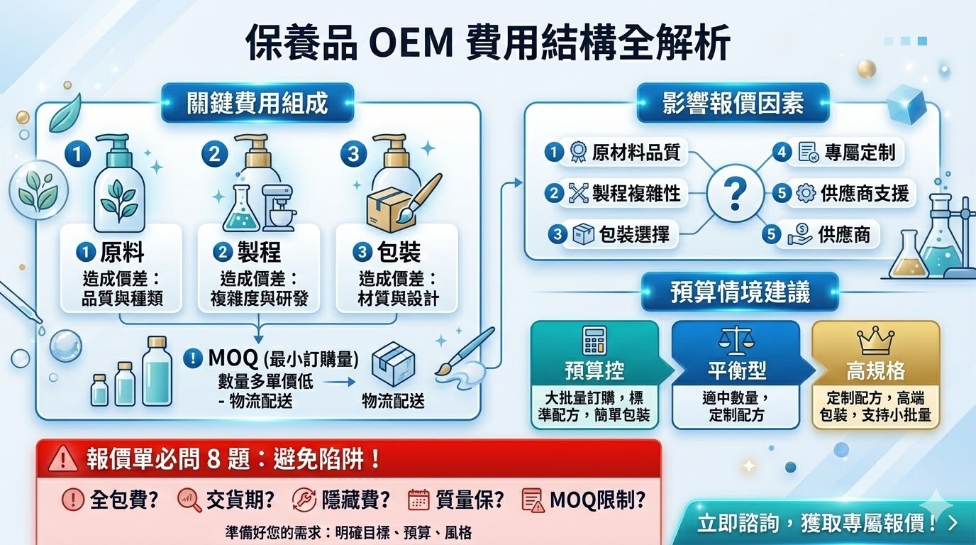 保養品OEM（原始設備製造）服務提供商會根據客戶需求，定制生產各類保養品。了解保養品OEM的費用計算方式對於首次選擇該服務的企業至關重要。費用通常受到原材料、製程工藝、包裝設計以及訂購量等因素影響。在選擇合適的OEM廠商時，確保瞭解完整的報價單內容，避免隱藏費用，並根據預算情境選擇最符合需求的方案。